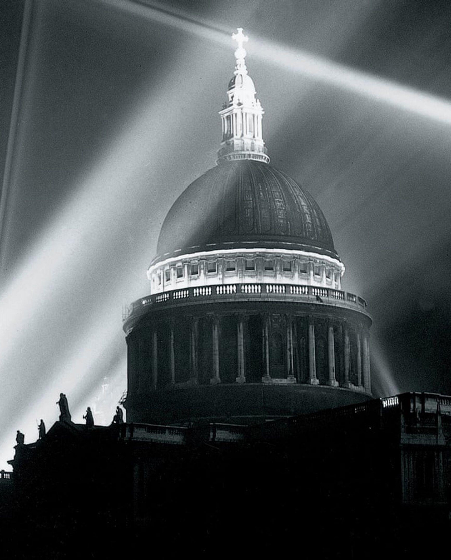 St Paul's Cathedral in London surrounded by anti-aircraft searchlights during The Blitz in 1940/1941
