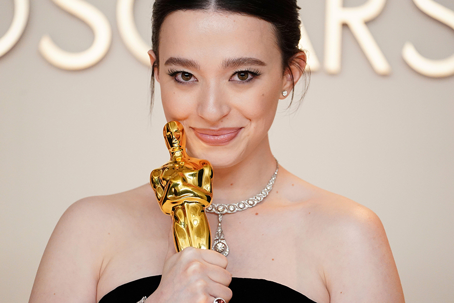 Mikey Madison, winner of the award for best performance by an actress in a leading role for "Anora," poses in the press room at the Oscars at the Dolby Theatre in Los Angeles.