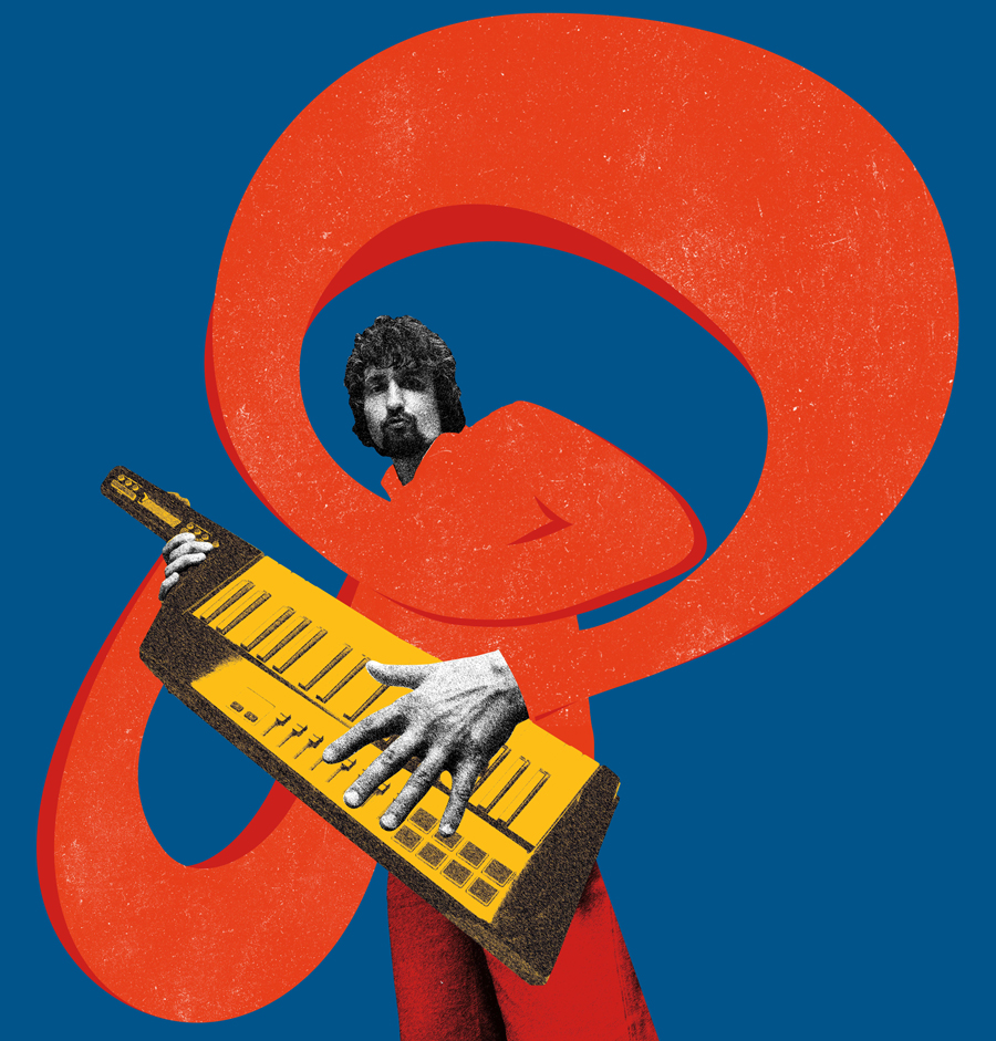 Bearded man playing yellow keytar with expressive gesture over blue background with red abstract elements.