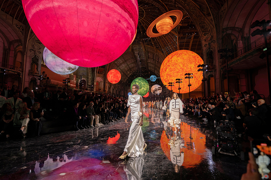 A model presents a creation by Chanel for the Women Ready to wear Spring Summer 2026 collection as part of the Paris Fashion Week, at the Grand Palais, in Paris.