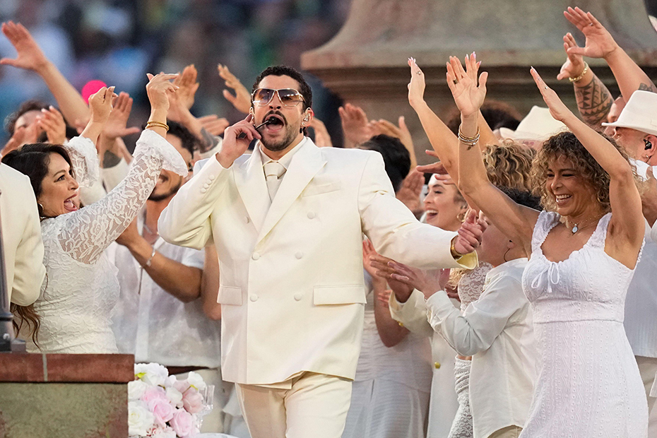 Bad Bunny performs during halftime of the NFL Super Bowl 60 football game between the New England Patriots and the Seattle Seahawks