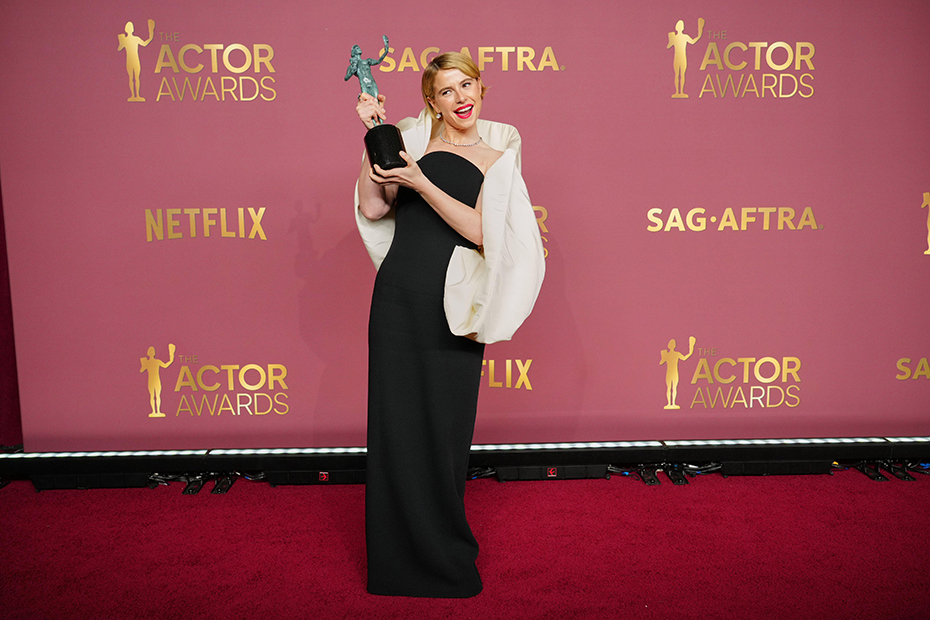 Jessie Buckley poses in the press room with the award for outstanding performance by a female actor in a leading role for "Hamnet" during the 32nd Annual Actor Awards.