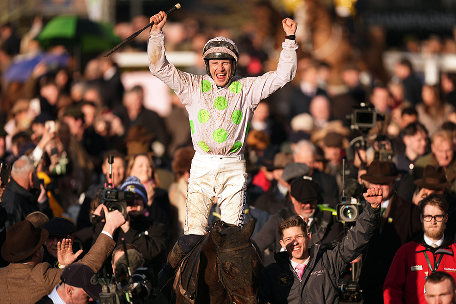 Paul Townend aboard Gaelic Warrior after winning the Boodles Cheltenham Gold Cup Chase on day four of the 2026 Cheltenham Festival at Cheltenham Racecourse. 