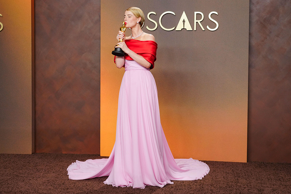 Jessie Buckley, winner of the award for actress in a leading role for "Hamnet," poses in the press room at the Oscars at the Dolby Theatre in Los Angeles.