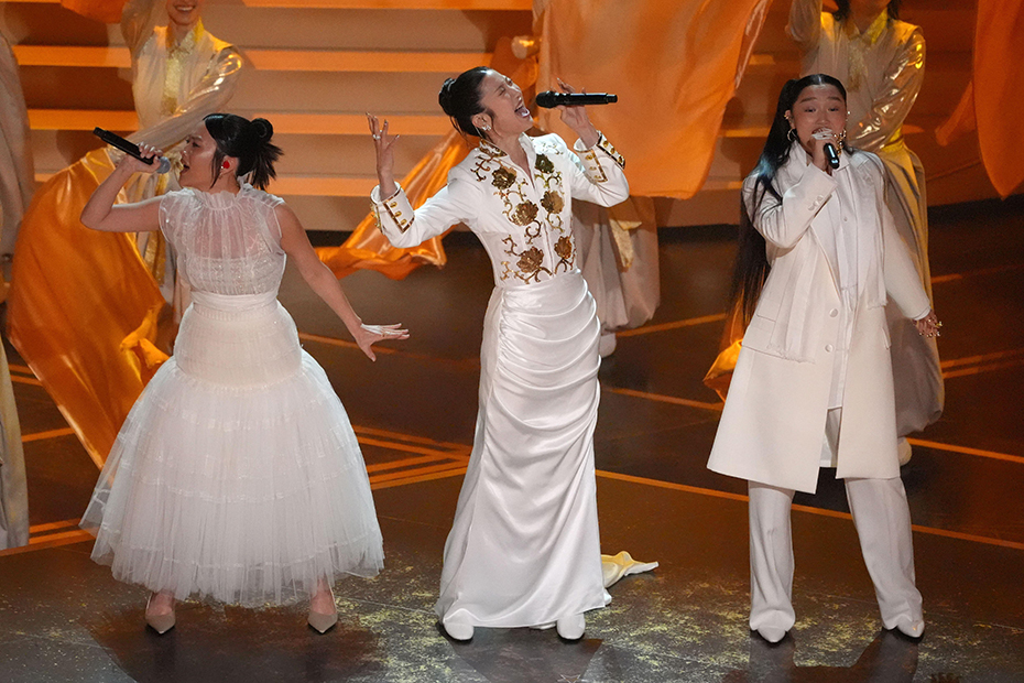 Rei Ami, EJAE, and Audrey Nuna perform 'Golden' from "K-Pop Demon Hunters" during the Oscars at the Dolby Theatre in Los Angeles.