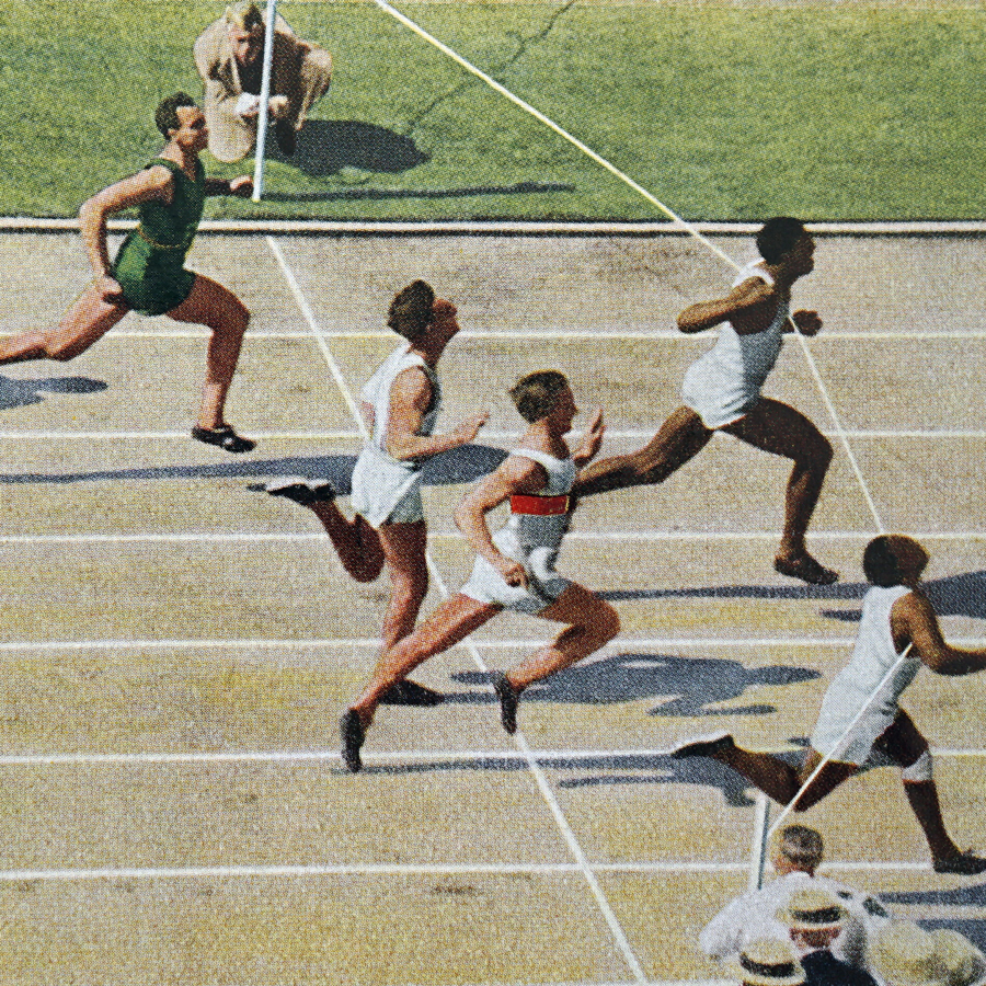 The 100 meters contest at the 1932 Olympics. Eddie Tolan broke the Olympic record in the first heat of the second round with a time of 10.4 seconds.